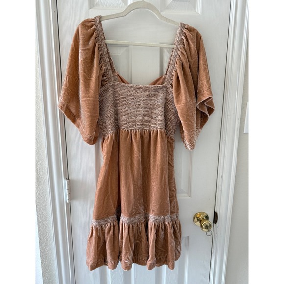 Free People Easy to Love Mini Dress Velvet Smocked Ruffle Babydoll Bohemian - Picture 2 of 9